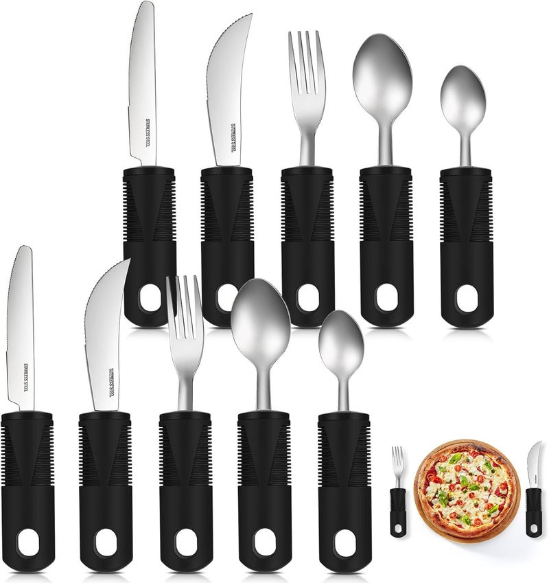 Uiifan 2 Set (10 Pcs) Adaptive Utensils for Hand Tremors, Elderly, Arthritis, Parkinsons Stainless Steel Easy Grip Handles Non Weighted Built up Utensils for Adults Hands Tremors Elderly, Black - Image 1